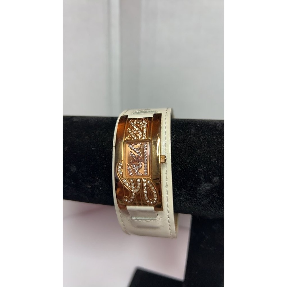 Guess Women's Gold-Tone and White Leather Cuff Watch